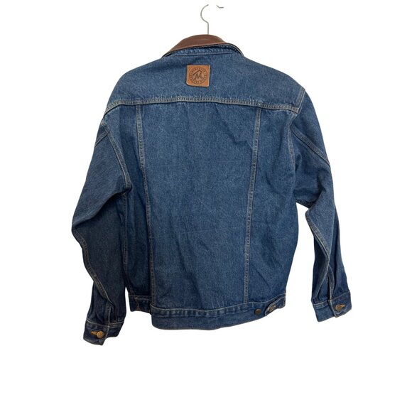 Vintage Marlboro Country Store Mens Small Denim Jacket Leather Collar Blue Plaid - Picture 2 of 5